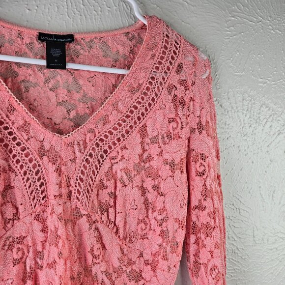 Moda Floral Lace Blouse Medium Pink Sheer Bell Sleeve Dressy Fairy Coquette Top - Picture 9 of 12
